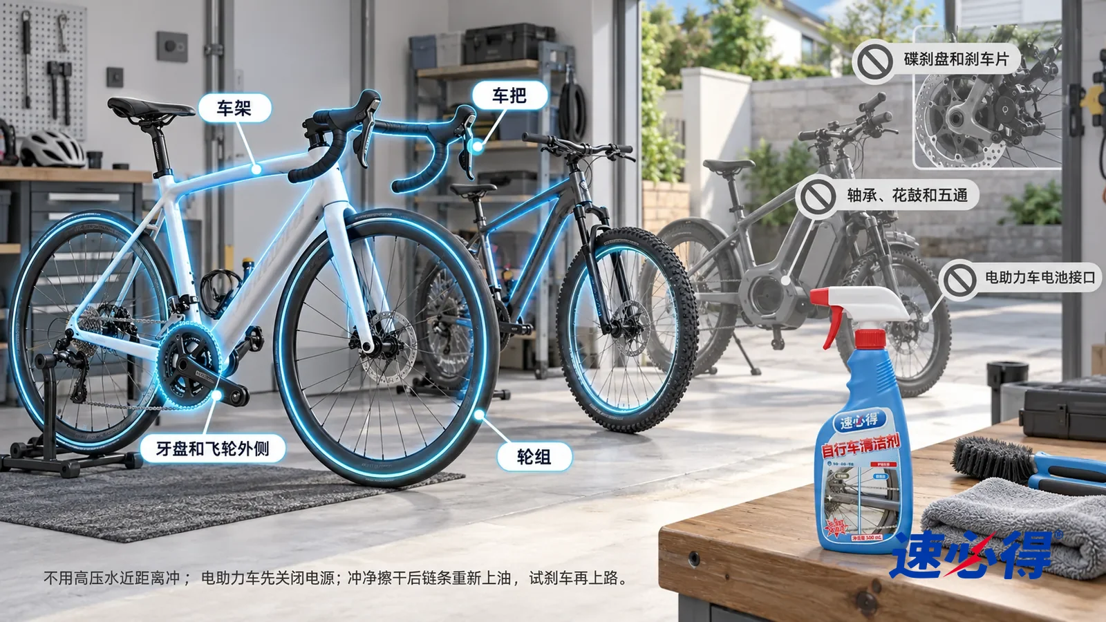 示意图：速必得自行车清洁剂——一张写实 3D 剖面实景图，一栋明亮的家的车库和小院区域，连续空间、一个视角，不出现人：公路车车架、山地车轮组、牙盘和飞轮外侧