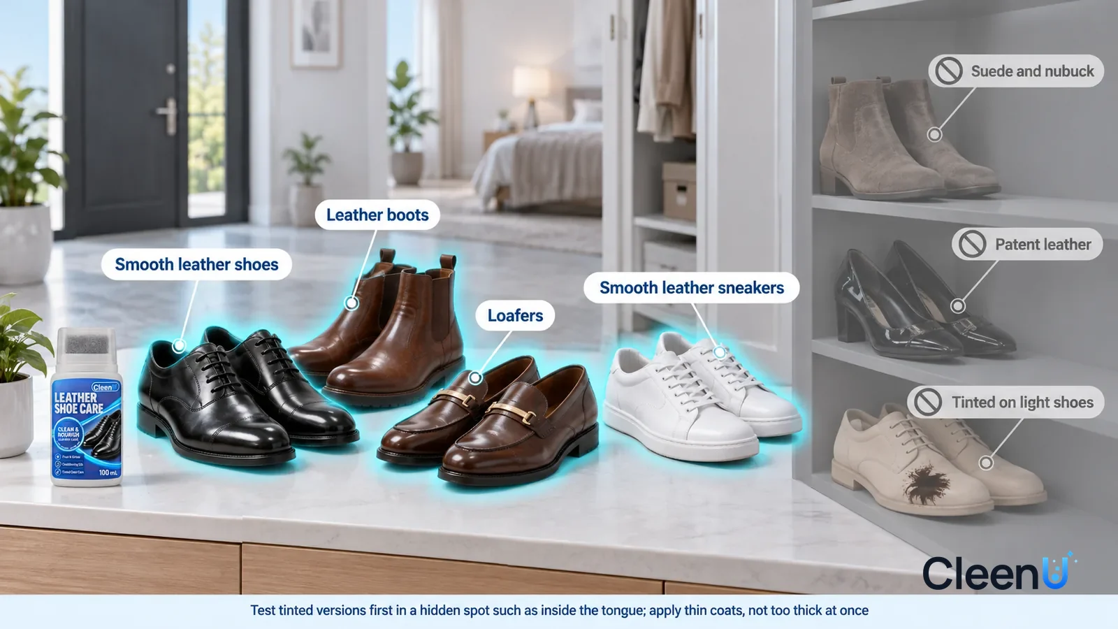 Illustration: CleenU Leather Shoe Care — A realistic 3D cutaway of a bright home's entryway and bedroom closet, one continuous space from one viewpoint: black polished leather shoes