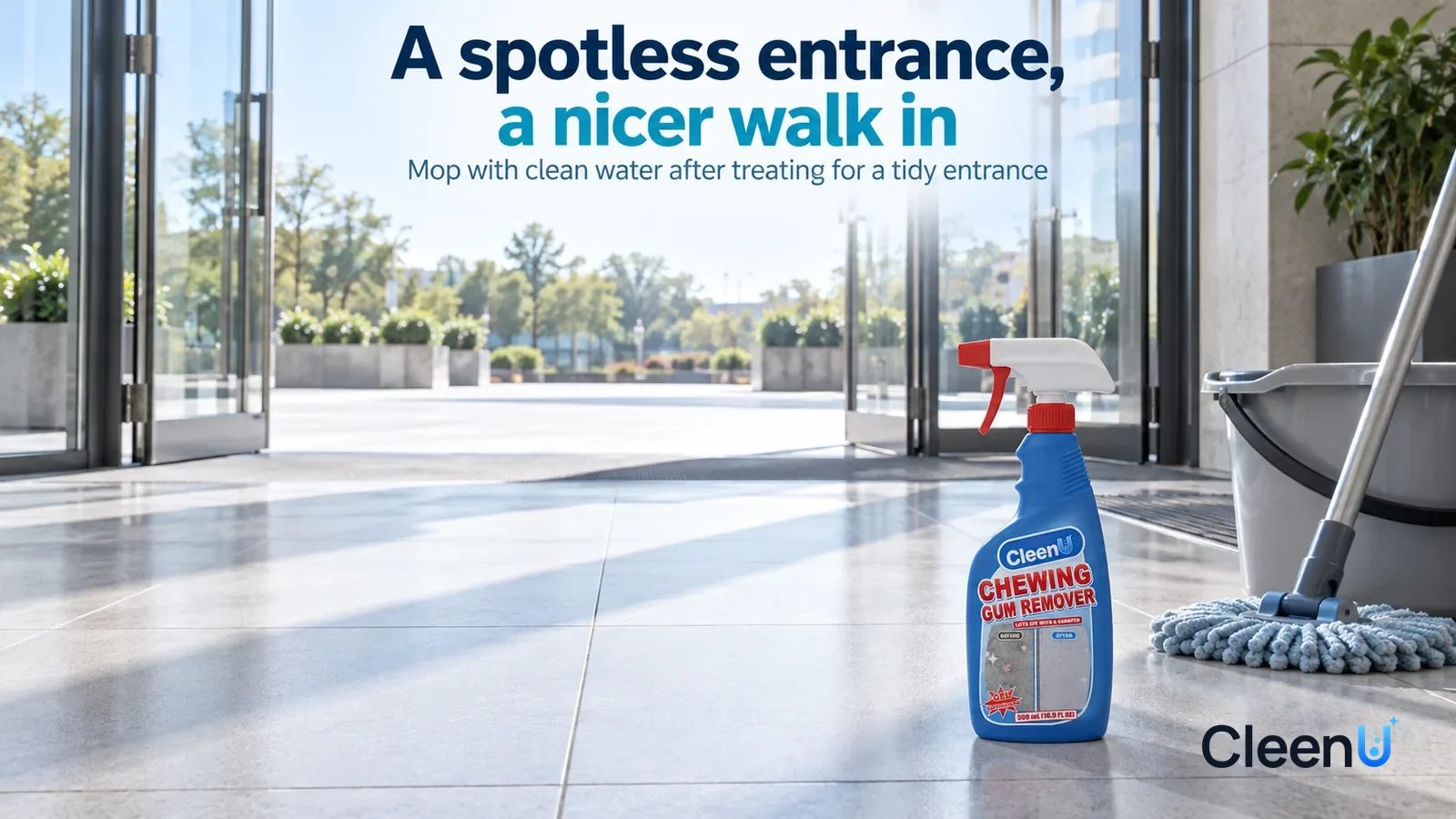 Illustration: CleenU Chewing Gum Remover — A mall entrance just opened in the early morning, the light grey floor tile clean and tidy, the glass doors open Headline: "A spotless entrance, a nicer walk
