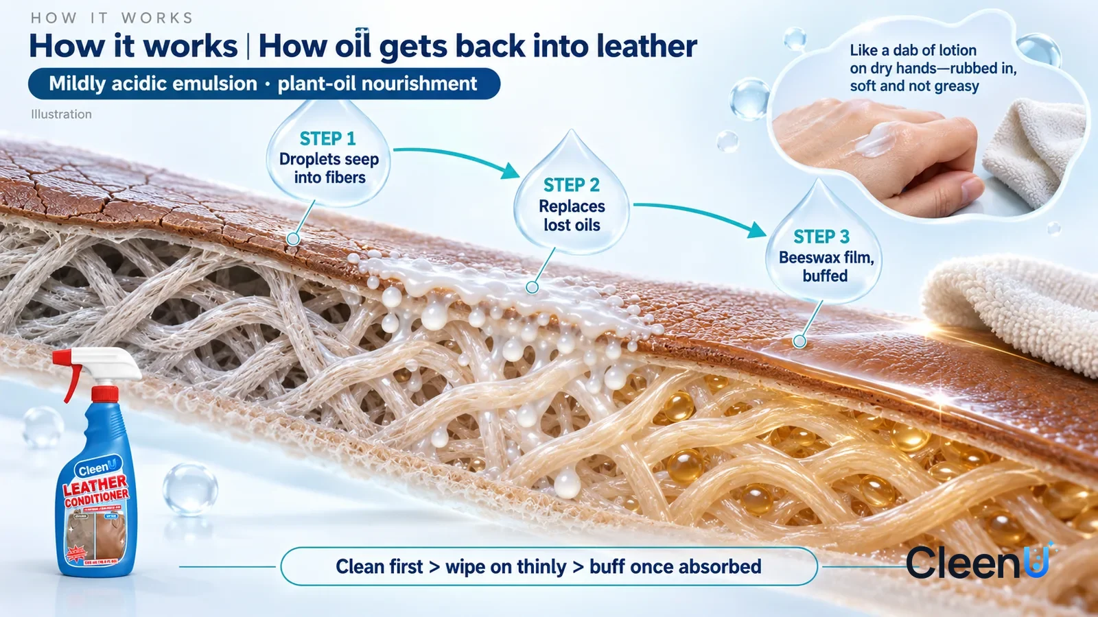 Illustration: CleenU Leather Conditioner — an enormously magnified cross-section of smooth leather runs diagonally from upper left to lower right
