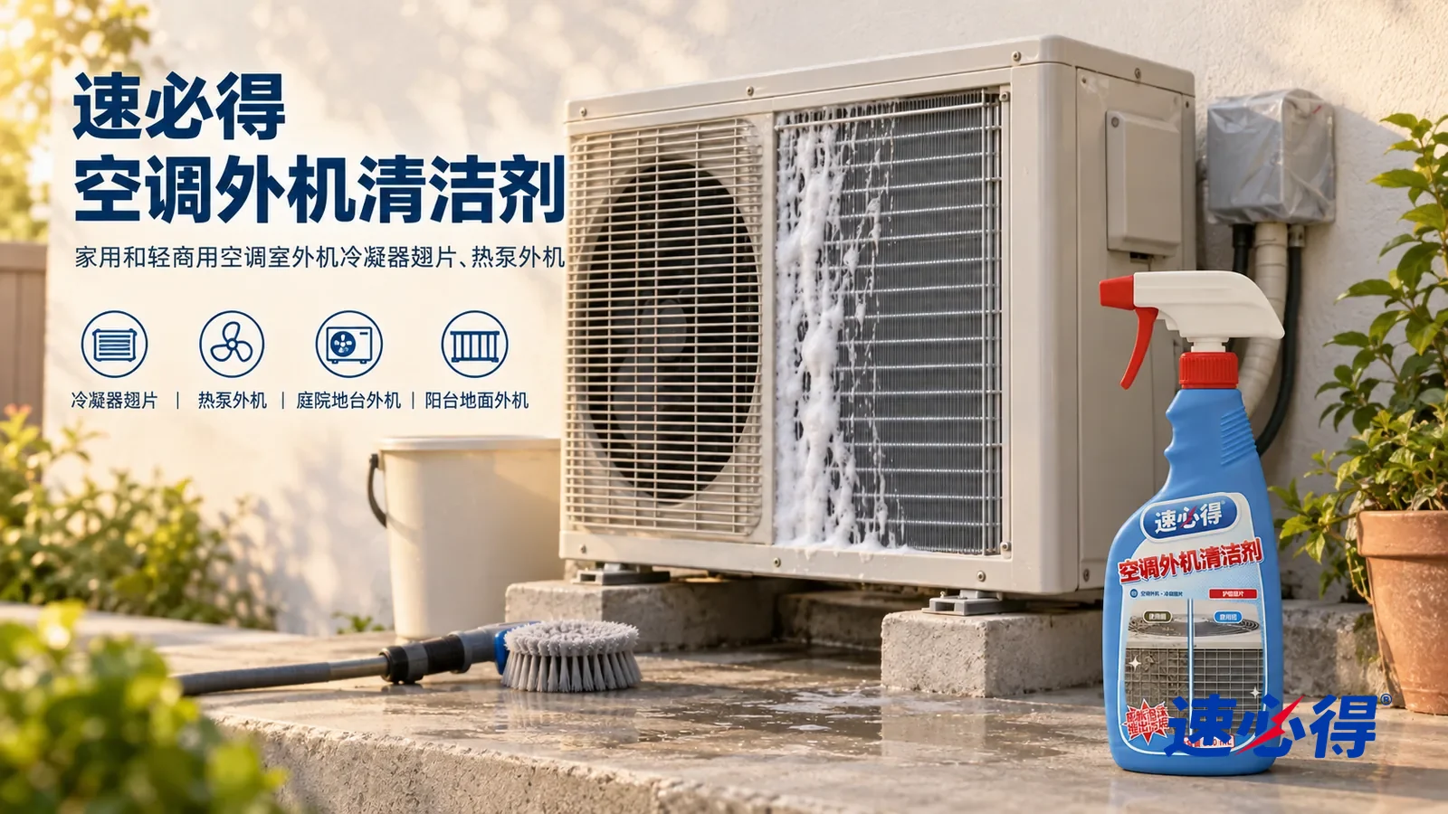 示意图:速必得空调外机清洁剂——同一后院水泥地台上的室外冷凝机,风扇静止;操作位置从地面可及