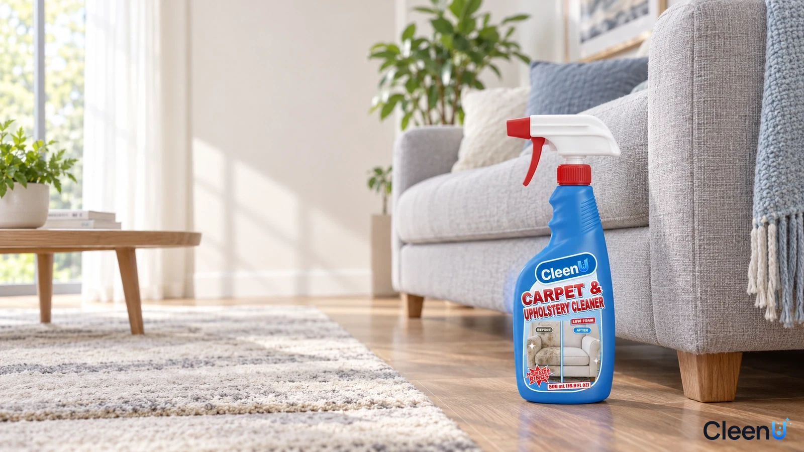 Illustration: A blue cleaner bottle beside a gray sofa in a bright living room.
