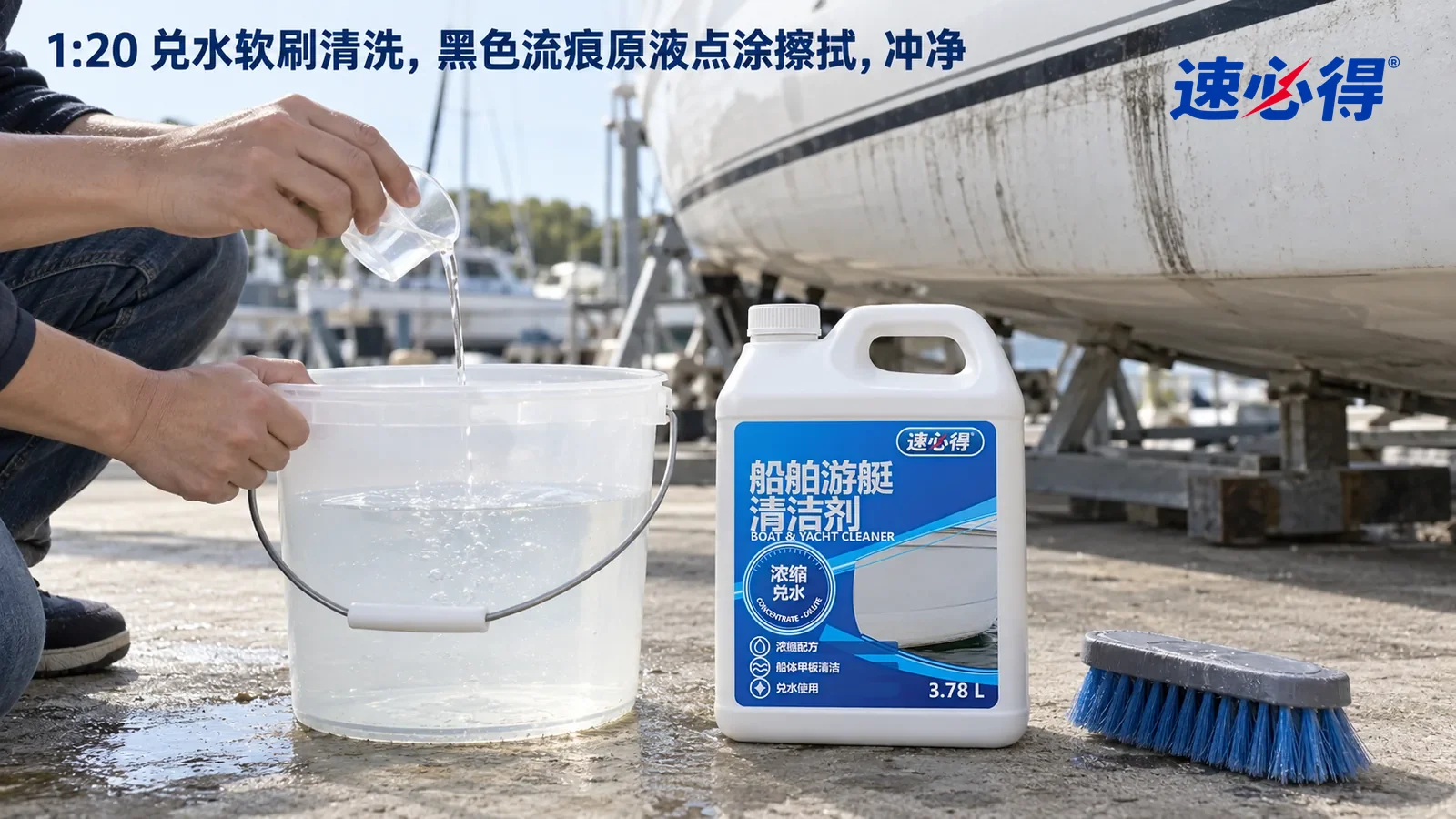 示意图：速必得船舶游艇清洁剂——一只手拿着一只单独的小号透明量杯（杯上不画刻度数字），把少量原液倒进一只盛着清水的水桶里兑水