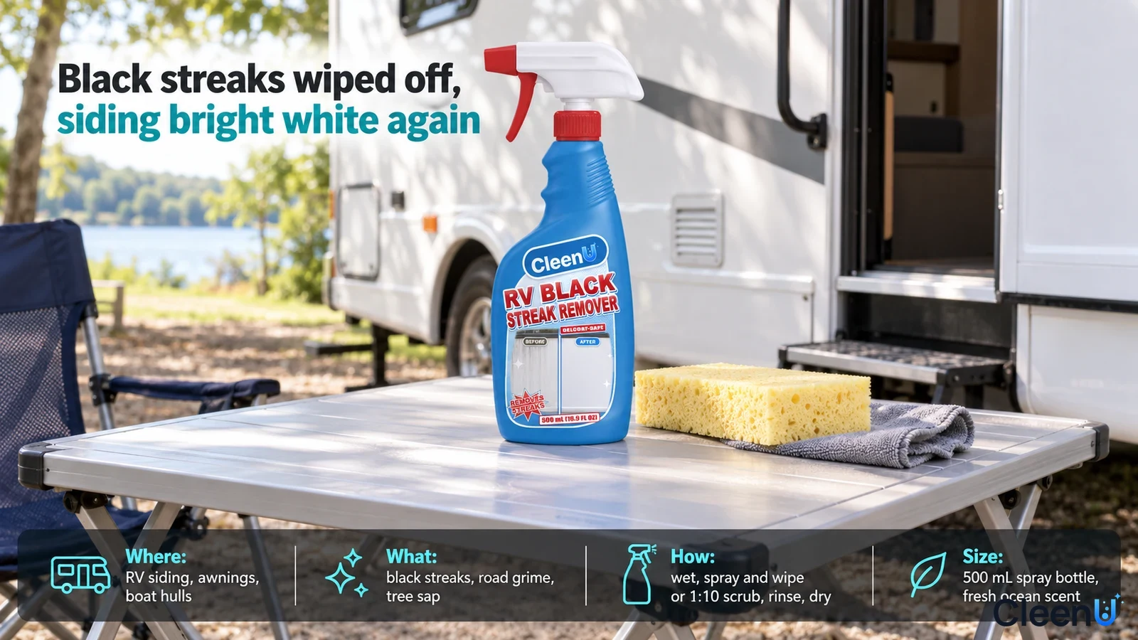 Illustration: A blue cleaner bottle, yellow sponge and cloth on a folding table beside an RV.