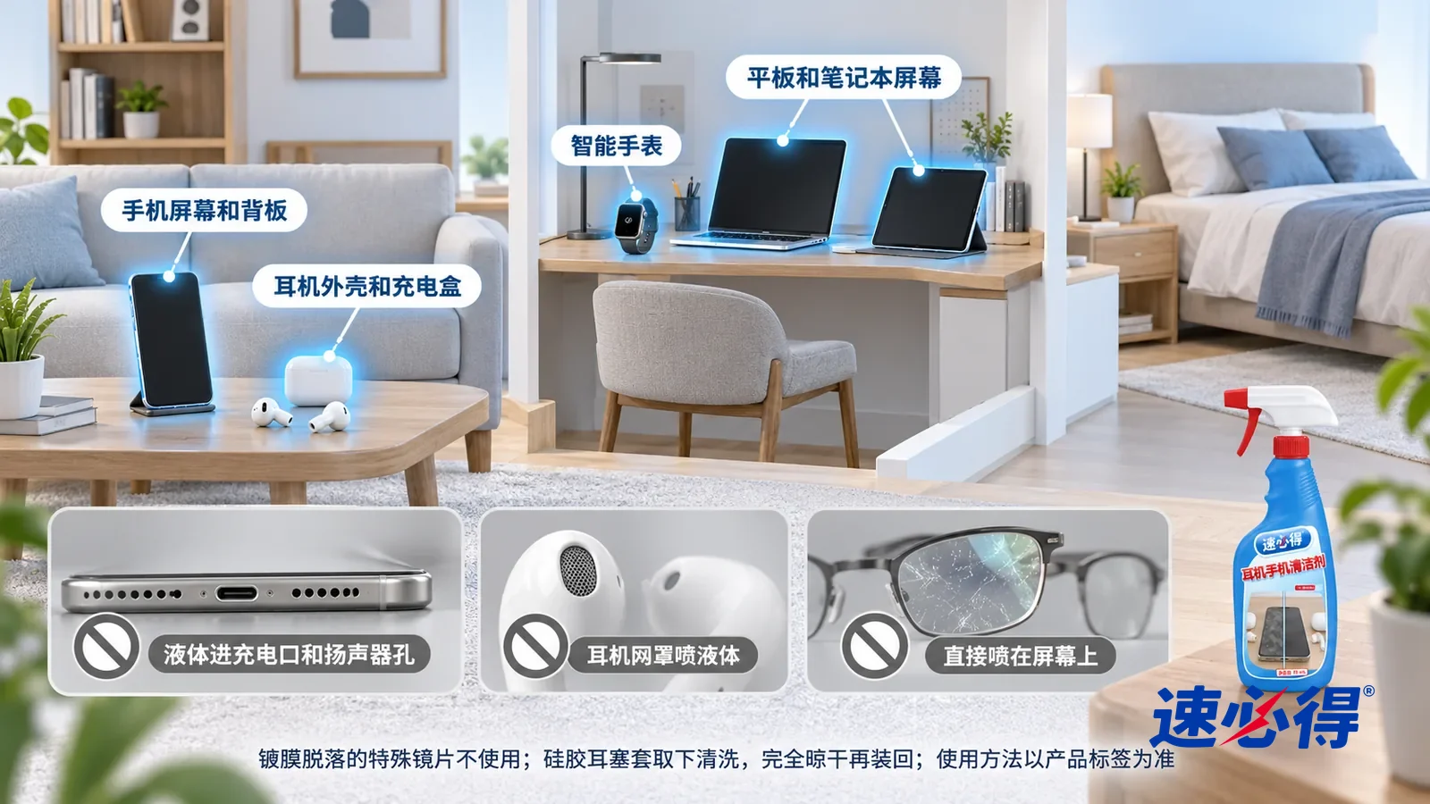 示意图：速必得耳机手机清洁剂——一张写实 3D 剖面实景图，一套明亮的家的书房、客厅和卧室区域，连续空间、一个视角，不出现瓶子，所有设备关机黑屏