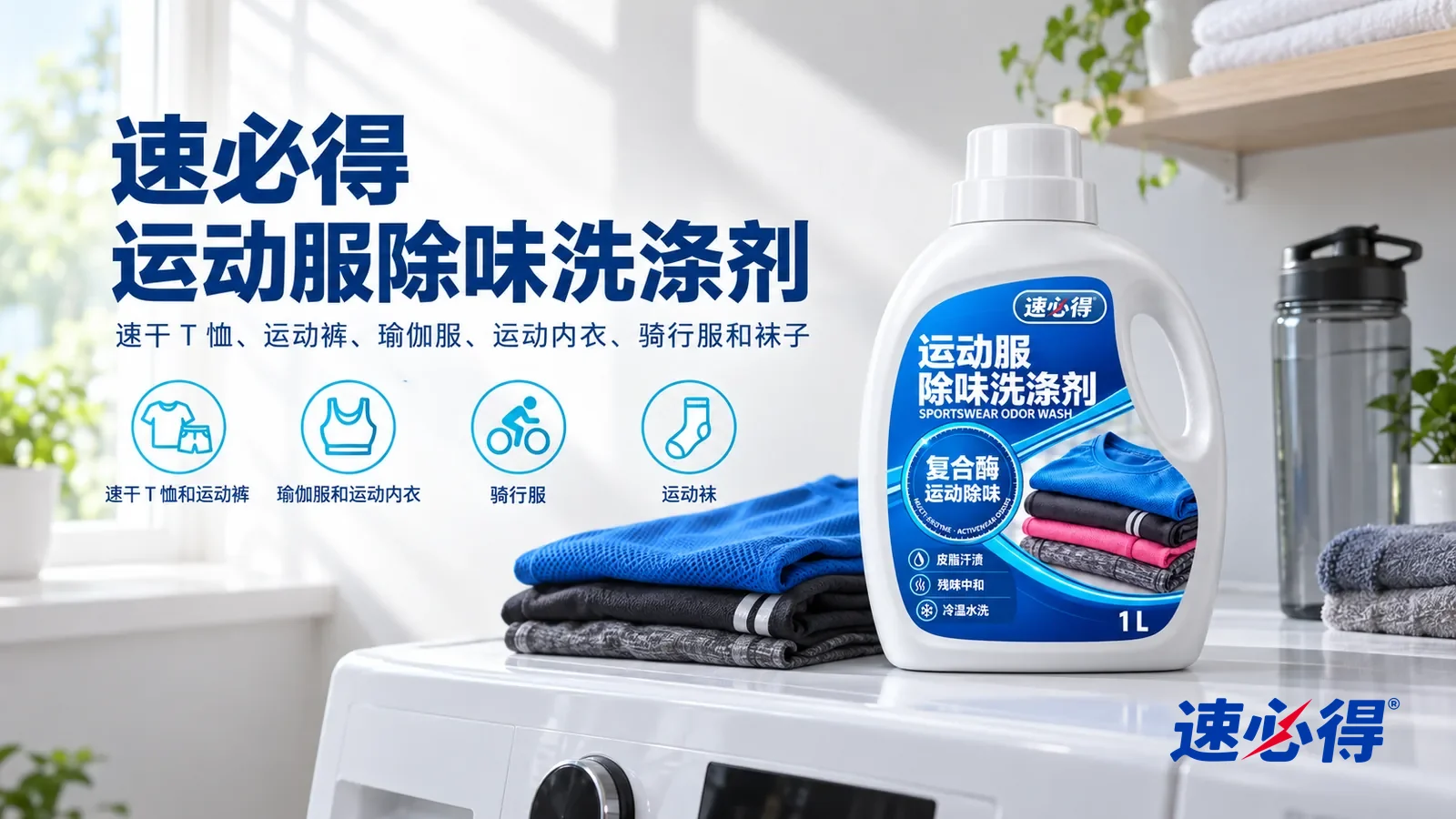 示意图:速必得运动服除味洗涤剂——一个明亮干净的洗衣间,一台无品牌标志的白色滚筒洗衣机,台面上一叠叠好的蓝、黑、灰色速干运动服(无品牌标志),产品盖好白盖站在右侧台面上