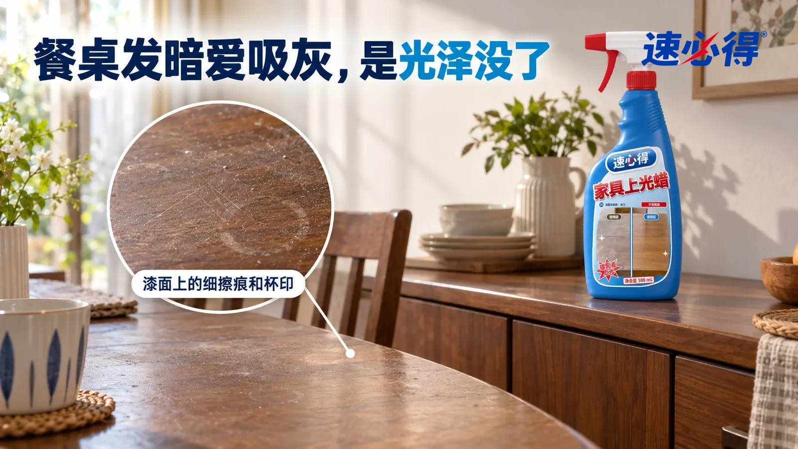 示意图：速必得家具上光蜡——一个家常餐厅，一张用了多年的实木餐桌，侧光斜照下漆面发暗发雾，几道细小擦痕