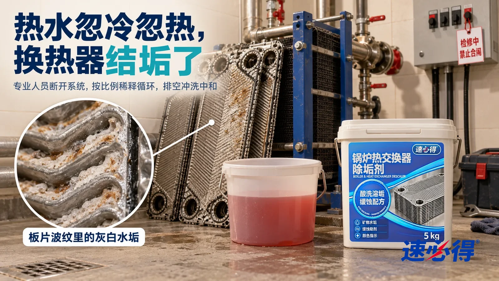 示意图：速必得锅炉热交换器除垢剂——一间整洁明亮的设备机房，一台落地板式换热器已关阀停机，拆下的几片不锈钢板片靠在机架旁，侧光下板片波纹间的灰白水垢和少量锈斑清楚可见，标题“热水忽冷忽热，换热器结垢了”