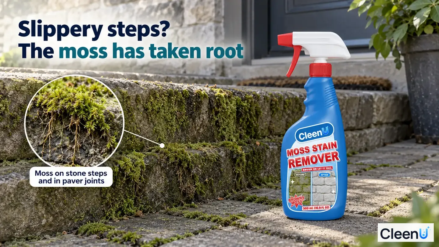 Illustration: Green moss on front-door stone steps and joints beside a blue cleaner bottle.