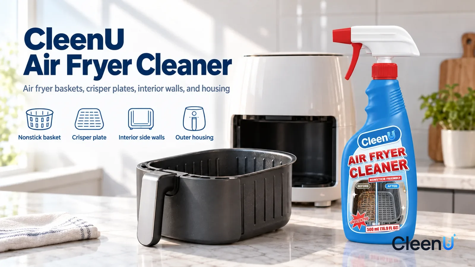 Illustration: CleenU Air Fryer Cleaner — A bright, clean kitchen, an unbranded white air fryer (unplugged) on the counter, a washed dark grey nonstick basket beside it