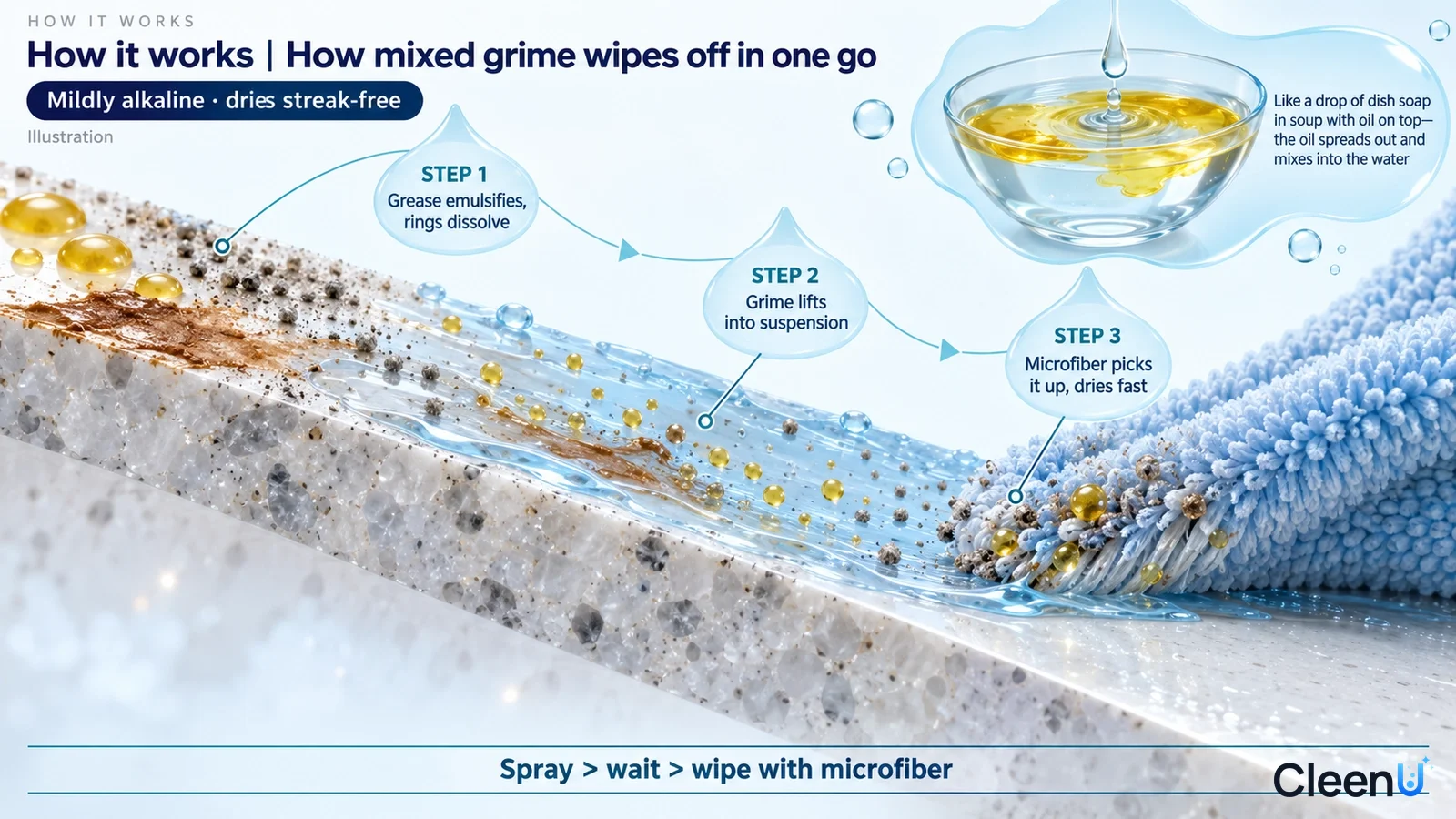 Illustration: A countertop cross-section with yellow oil, brown particles, drops and a blue cloth.