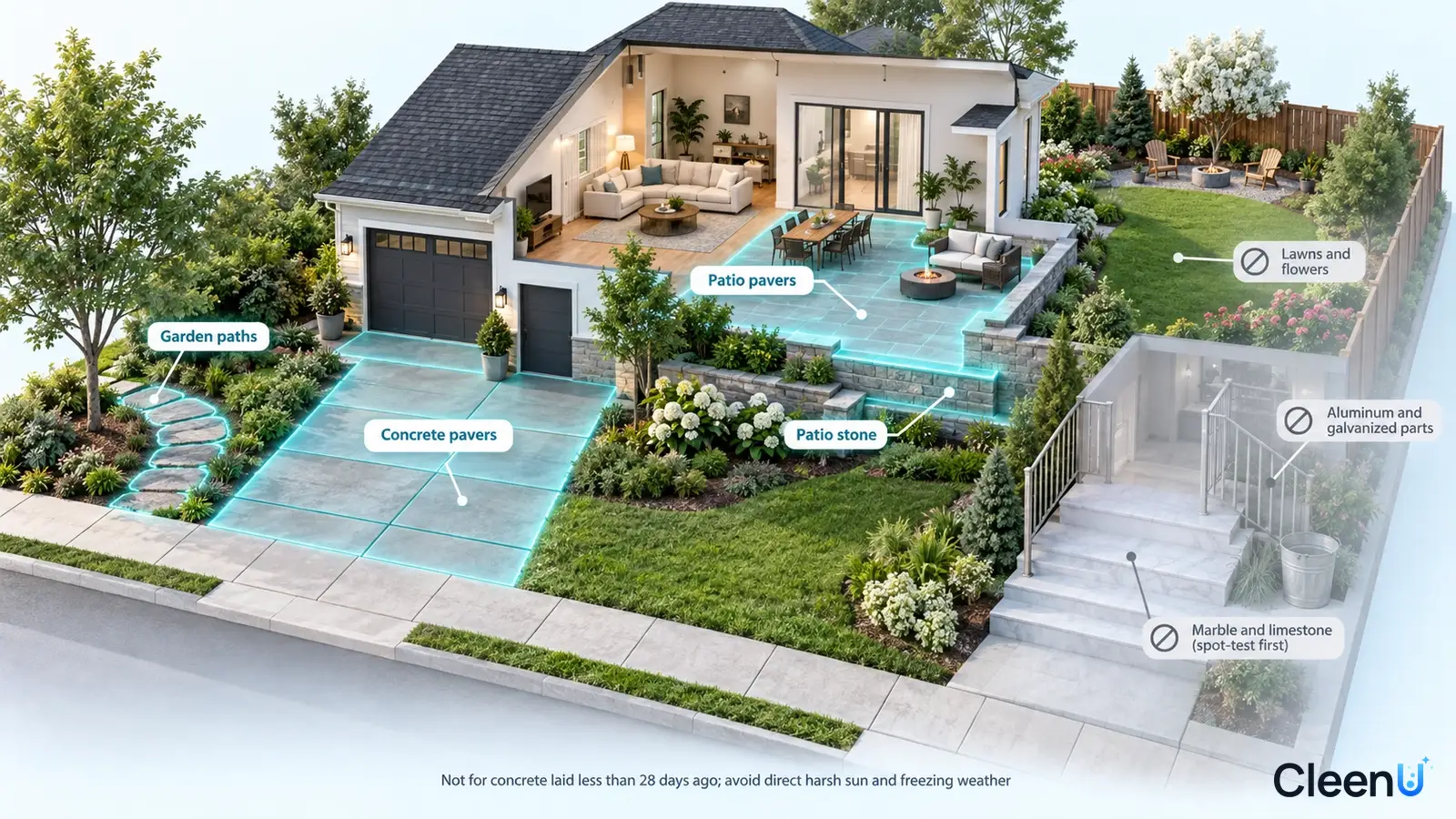 Illustration: Highlighted garden patios, paving and driveway areas beside material precautions.