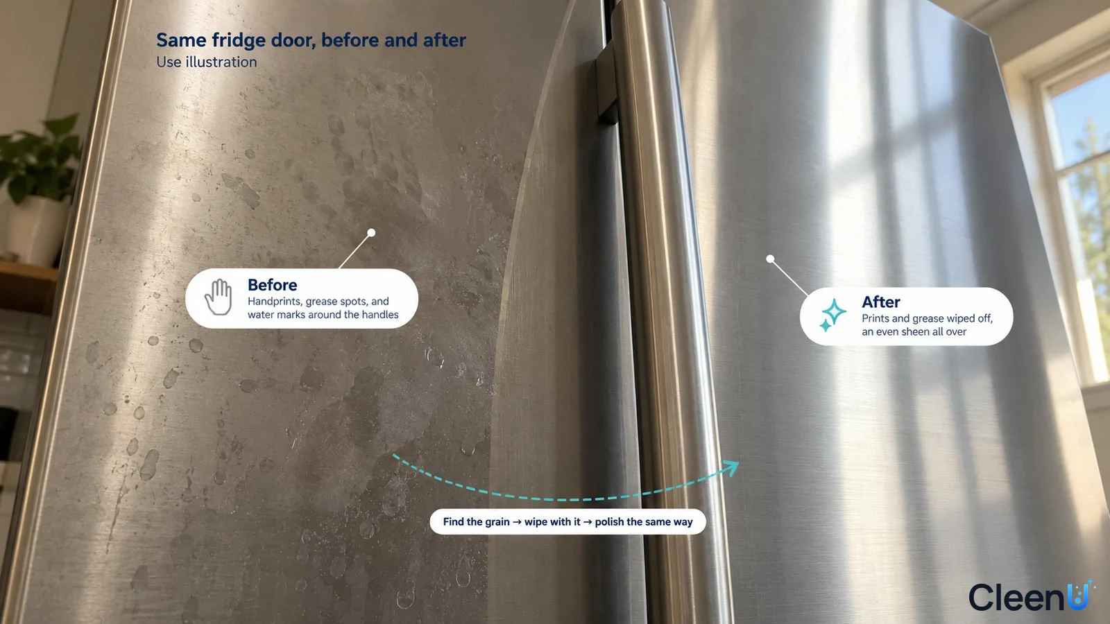 Illustration: Greasy fingerprints beside a clearer area on a stainless steel refrigerator door; not a measured cleaning test.