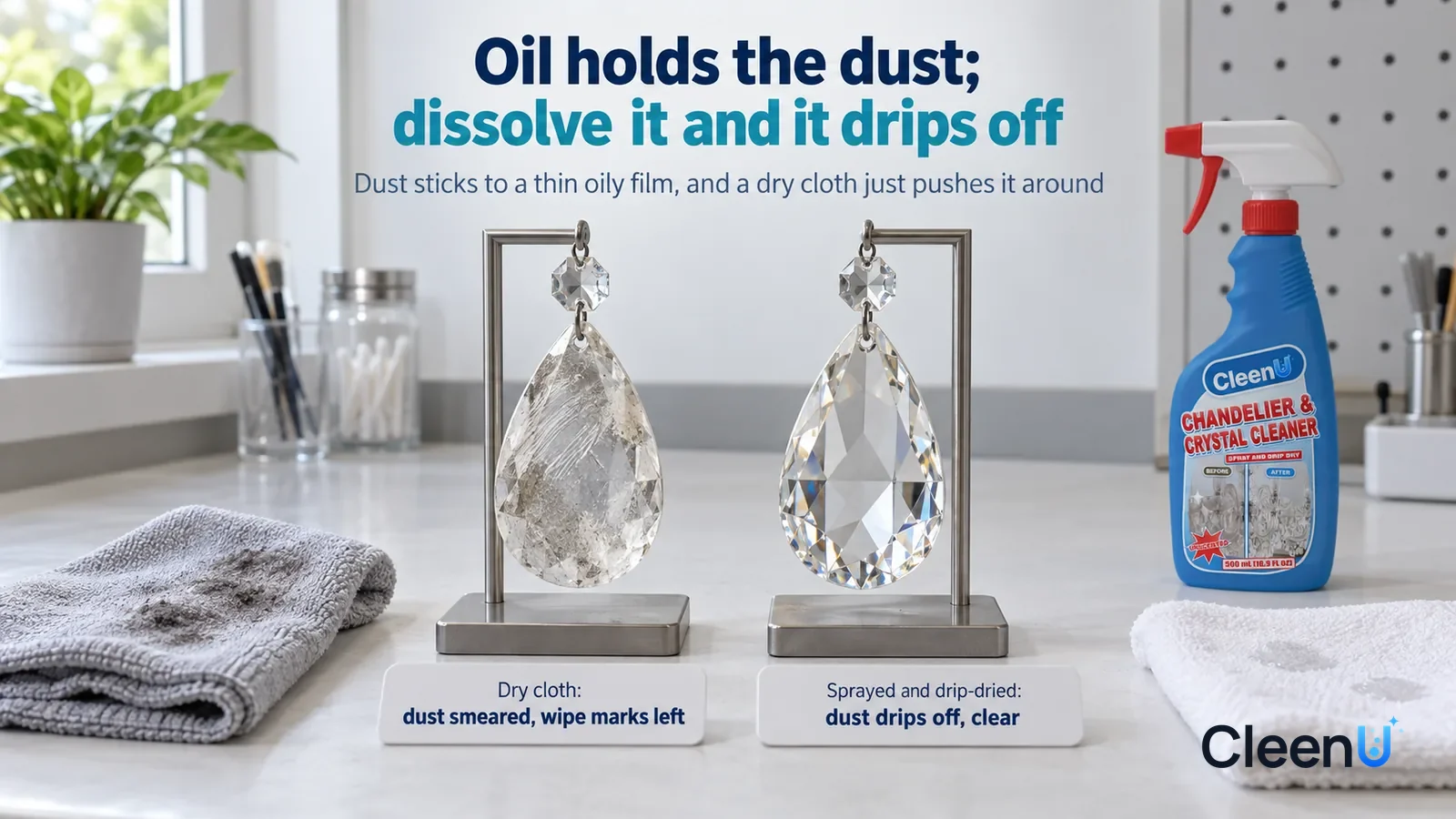 Illustration: CleenU Chandelier & Crystal Cleaner — A landscape medium close-up of a small experiment in a cleaning lab: on a white test bench, two small metal stands side by side Headline: "Oil holds