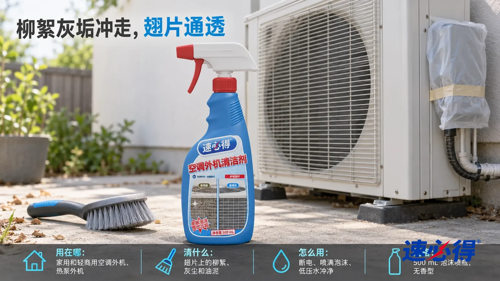 示意图：速必得空调外机清洁剂——同一后院水泥地台上的室外冷凝机，风扇静止；操作位置从地面可及