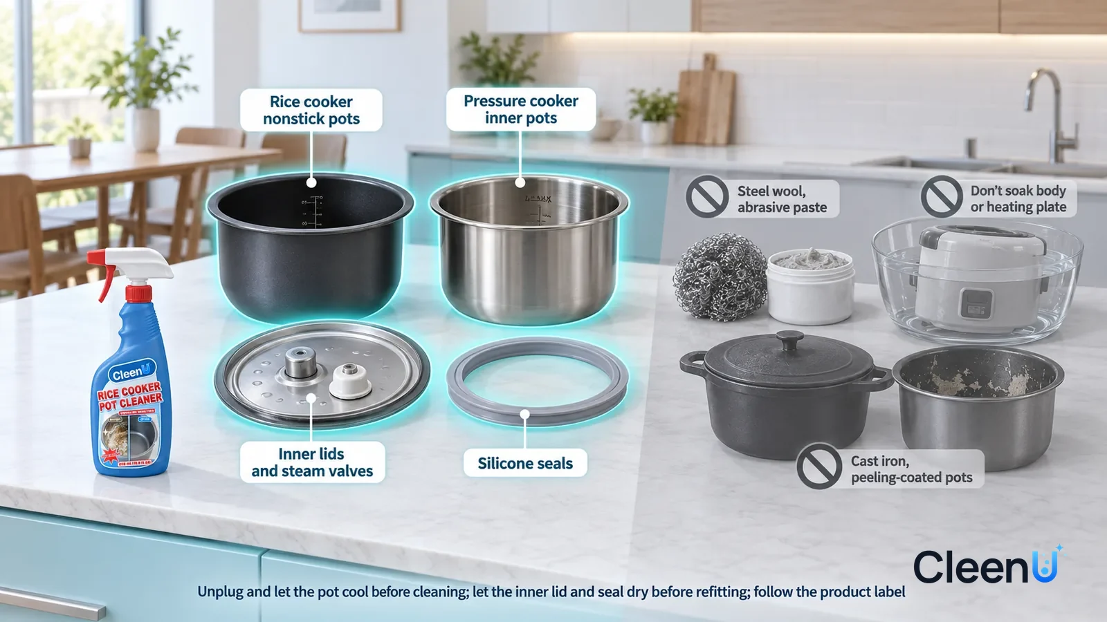 Illustration: CleenU Rice Cooker Pot Cleaner — A realistic 3D cutaway of a bright home's kitchen and dining room, one continuous space from one viewpoint