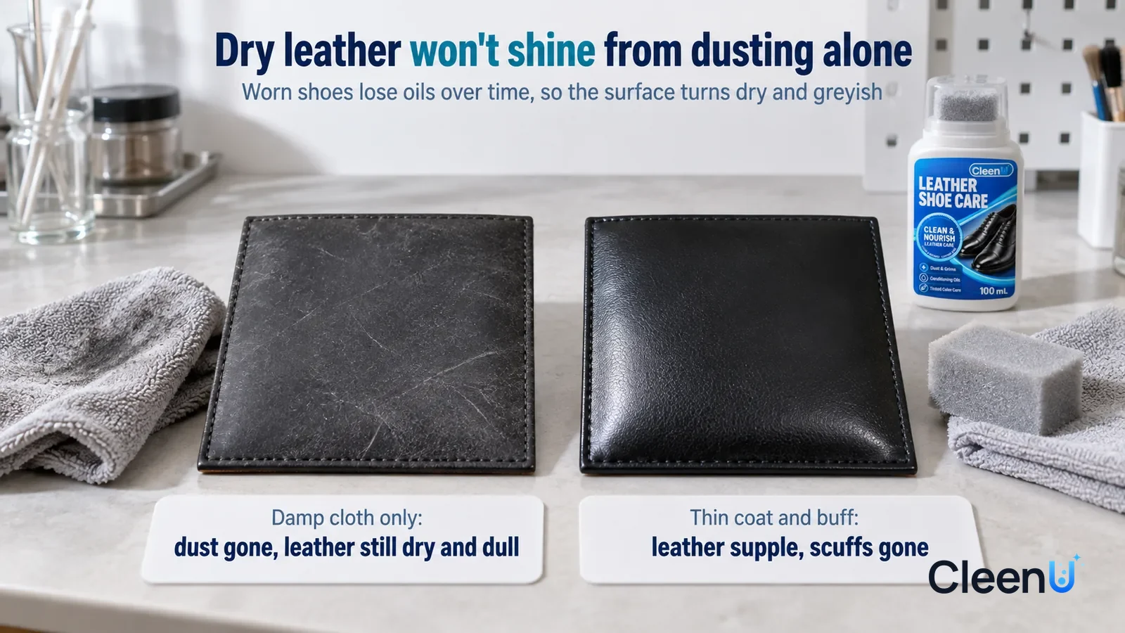 Illustration: CleenU Leather Shoe Care — A landscape medium close-up of a small experiment in a cleaning lab: two identical black polished leather swatches side by side on a white t Headline: "Dry lea