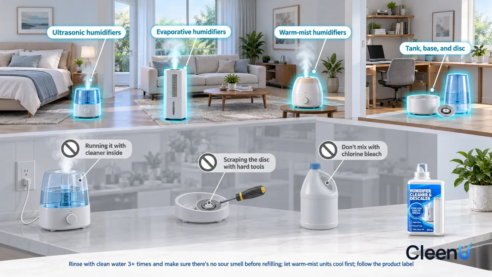 Illustration: CleenU Humidifier Cleaner & Descaler — A realistic 3D cutaway of a bright home's primary bedroom, living room, and home office, one continuous space from one viewpoint