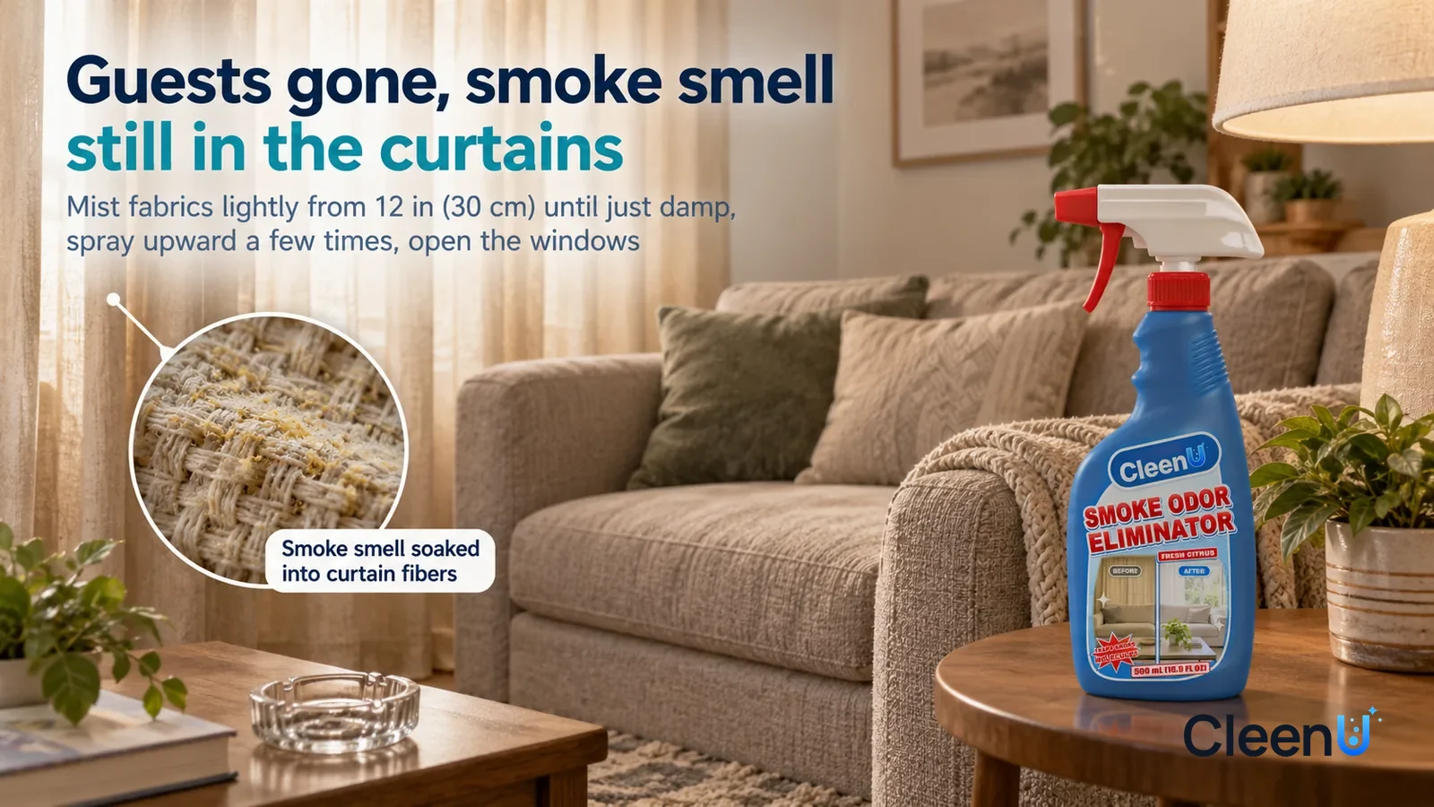Illustration: CleenU Smoke Odor Eliminator — A homey living room, windows shut, beige curtains half drawn, the afternoon light a little stuffy, a fabric sofa, a few throw pillows Headline: "Guests gon