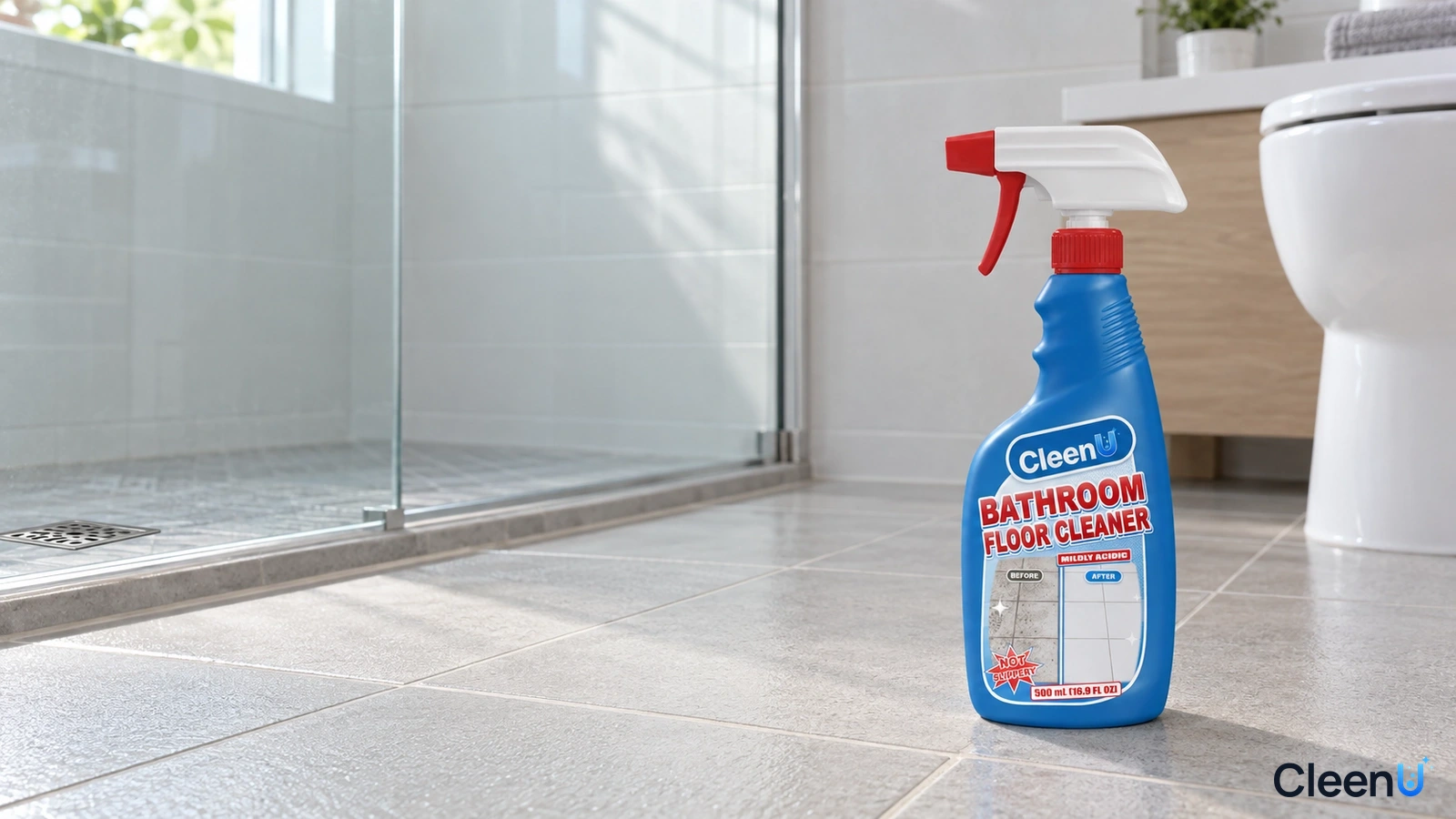 Illustrated blue cleaner bottle on a bathroom floor beside a glass shower enclosure.