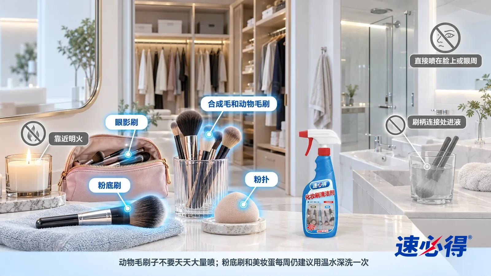 示意图：速必得化妆刷清洁剂——一张写实 3D 剖面实景图，一套明亮的家的卧室、衣帽间和浴室区域，连续空间、一个视角，不出现瓶子：粉底刷、化妆包里的眼影刷