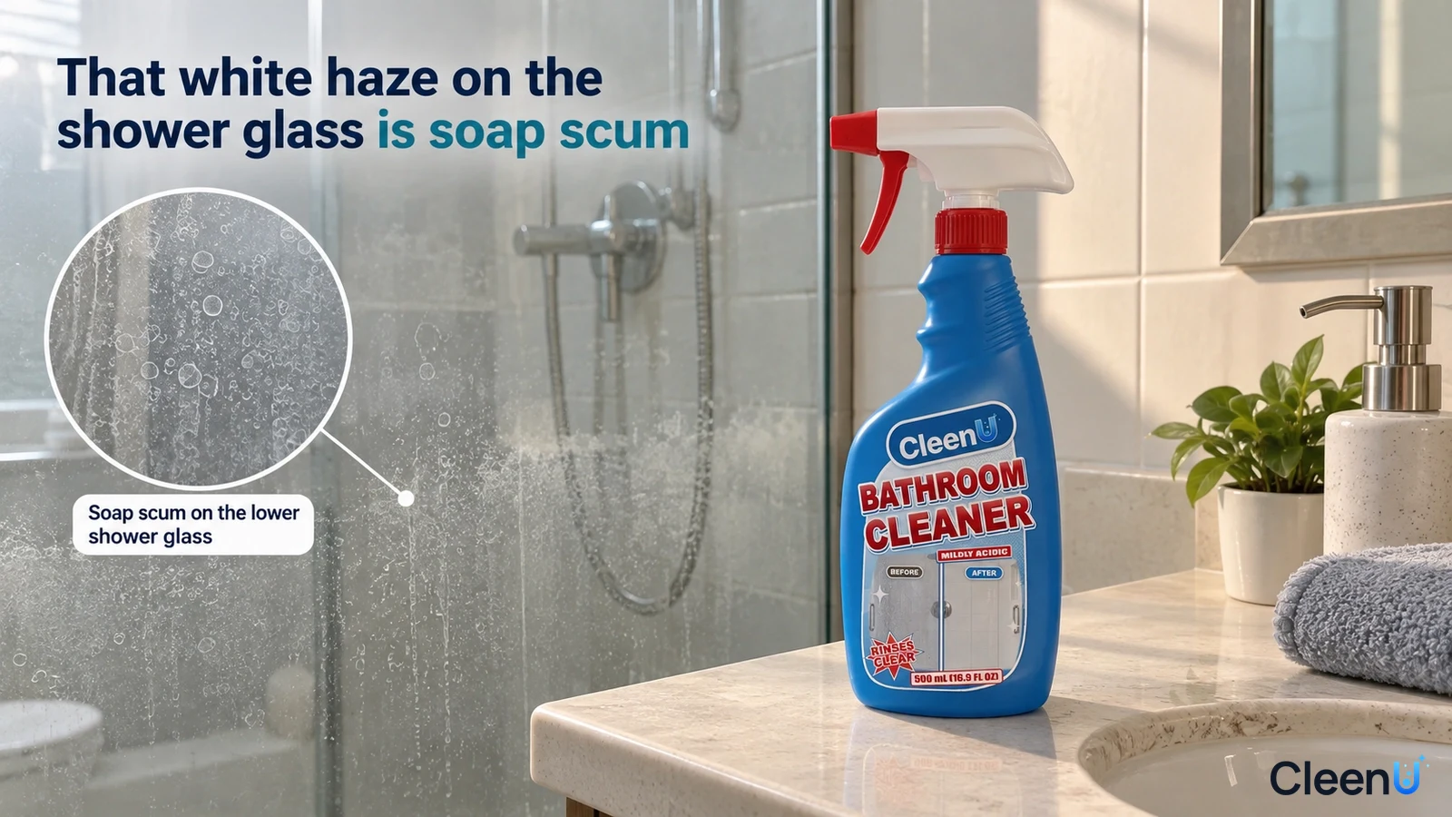 Illustration of white soap film on shower glass beside a blue bathroom cleaner bottle on a vanity.