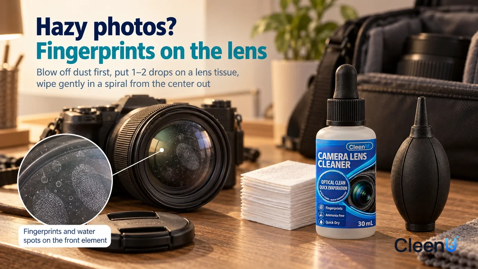 Illustration: CleenU Camera Lens Cleaner — A photography hobbyist's wooden workbench, a mirrorless camera (no brand marks, no model text) with a zoom lens attached Headline: "Hazy photos? Fingerprints
