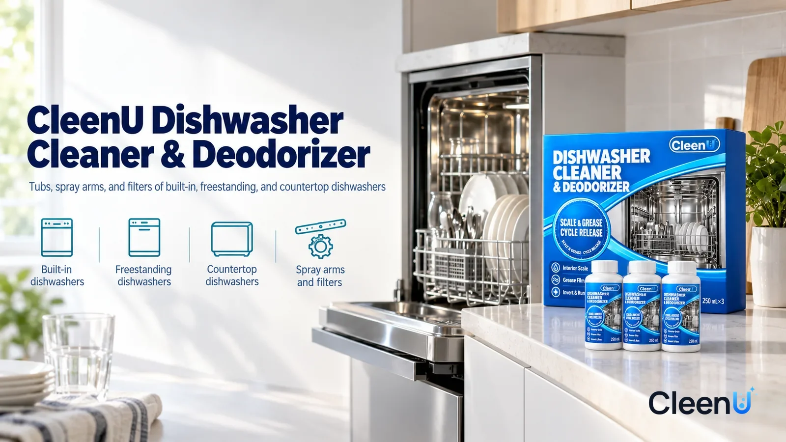 Illustration: CleenU Dishwasher Cleaner & Deodorizer — A bright, clean kitchen, a built-in dishwasher (no brand marks) with its door slightly open and a shiny tub