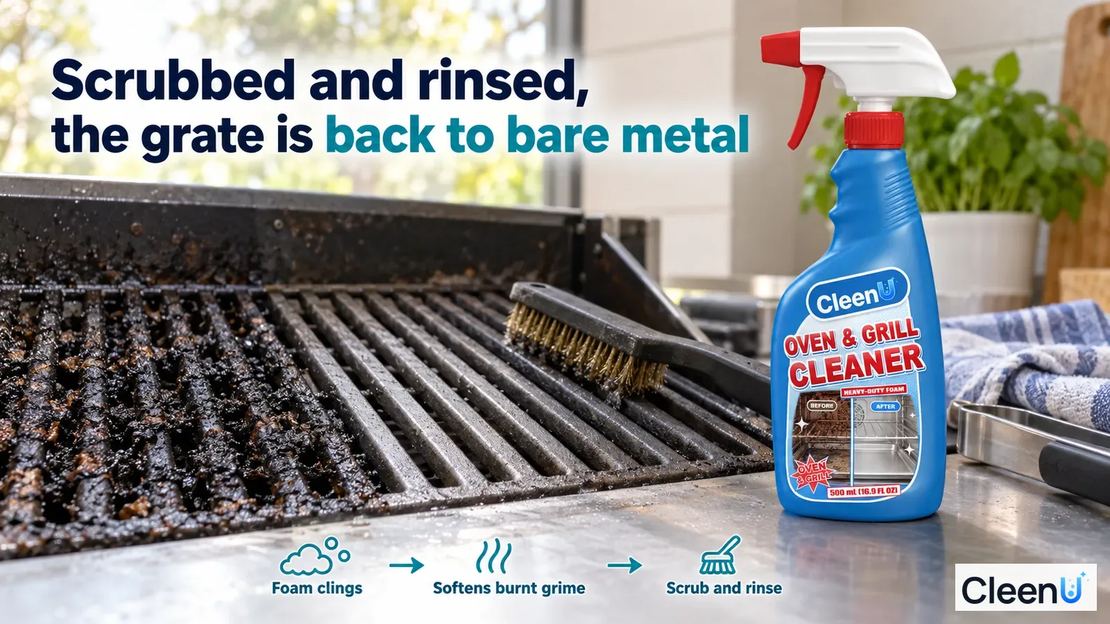 Illustration: A brush scrubbing black char from grill bars beside a blue cleaner bottle.