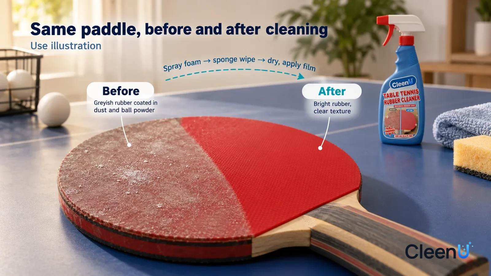 Illustration: CleenU Table Tennis Rubber Cleaner — A full-screen low-angle close-up of a red inverted-rubber paddle lying flat on a blue table, in the same window light, no people
