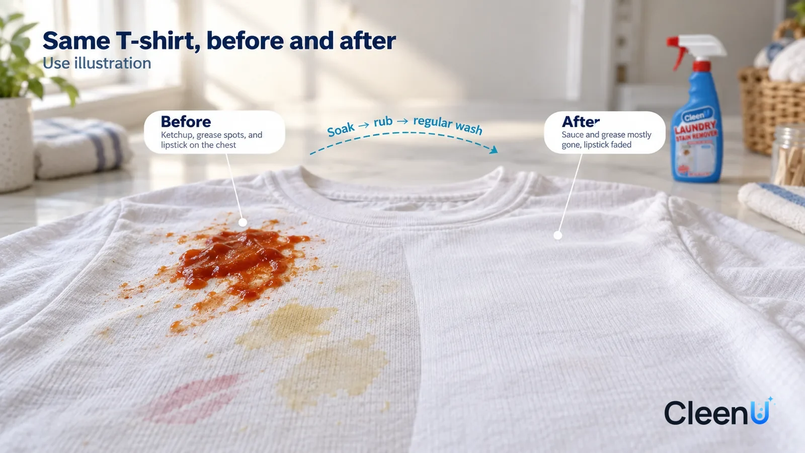 Illustration: CleenU Laundry Stain Remover — A full-screen low-angle close-up of the chest of a white cotton T-shirt laid flat on a pale counter in the same window light