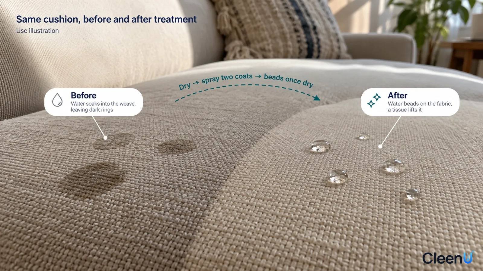 Illustration: Dark liquid stains and water-beading areas on fabric; not a measured performance test.