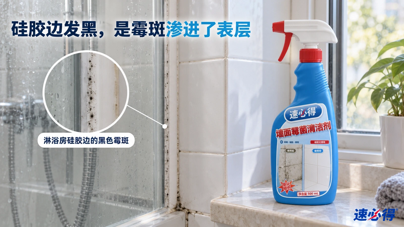 示意图：浴室玻璃边硅胶缝的黑色霉斑和窗边蓝色喷瓶。