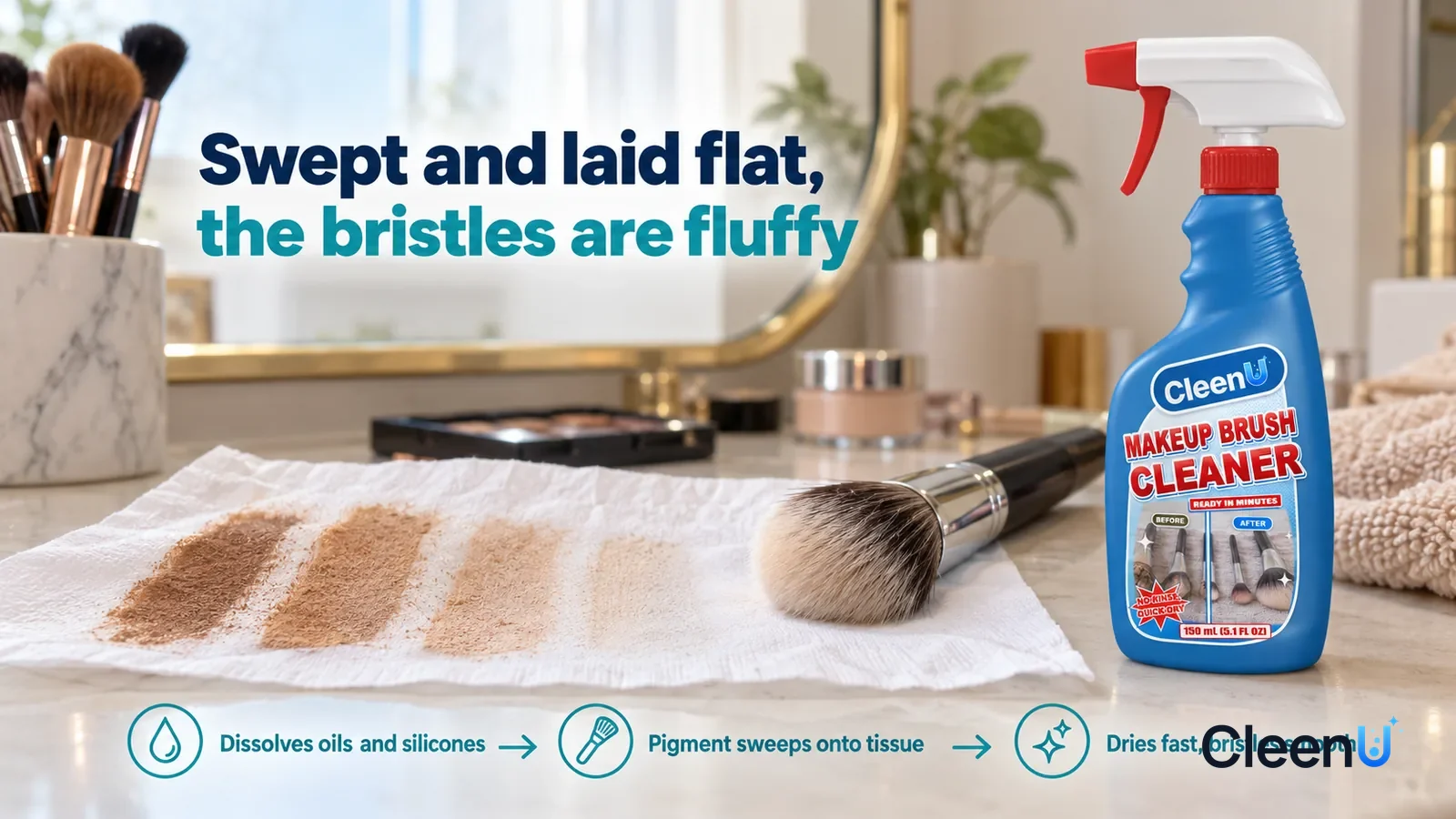 Illustration: CleenU Makeup Brush Cleaner — a foundation brush has just made its last sweep, several skin-tone sweep marks on the tissue going from dark to light