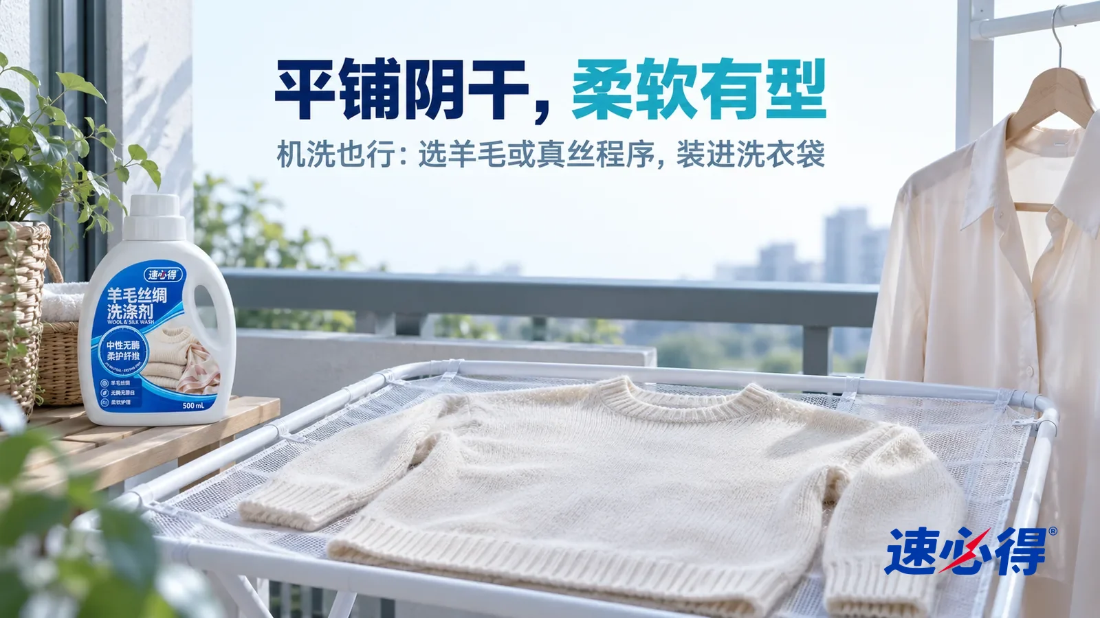 示意图：速必得羊毛丝绸洗涤剂——清晨明亮的阳台角落，阴凉通风处一个白色平铺晾衣网架，上面平铺着一件米白色羊绒衫，旁边衣架上挂着一件浅色真丝衬衫，不被阳光直射；柔和的散射光，标题“平铺阴干，柔软有型”