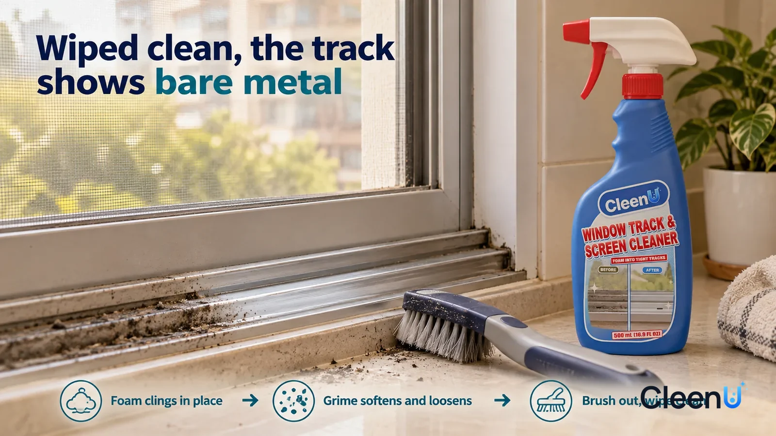 Illustration: CleenU Window Track & Screen Cleaner — a crevice brush has just scrubbed one stretch, the brushed channel showing silver-grey metal that catches the window light
