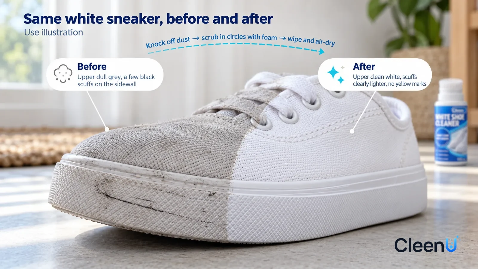 Illustration: CleenU White Shoe Cleaner — A full-screen low-angle close-up of the toe cap and sidewall of a white canvas sneaker seen from the side (no brand marks of any kind)