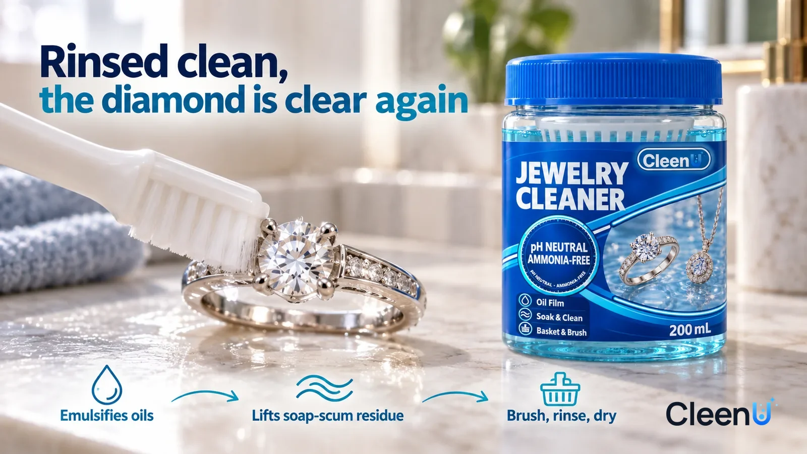 Illustration: CleenU Jewelry Cleaner — a small white soft brush has just brushed one prong, the brushed metal smooth and polished and the diamond clear