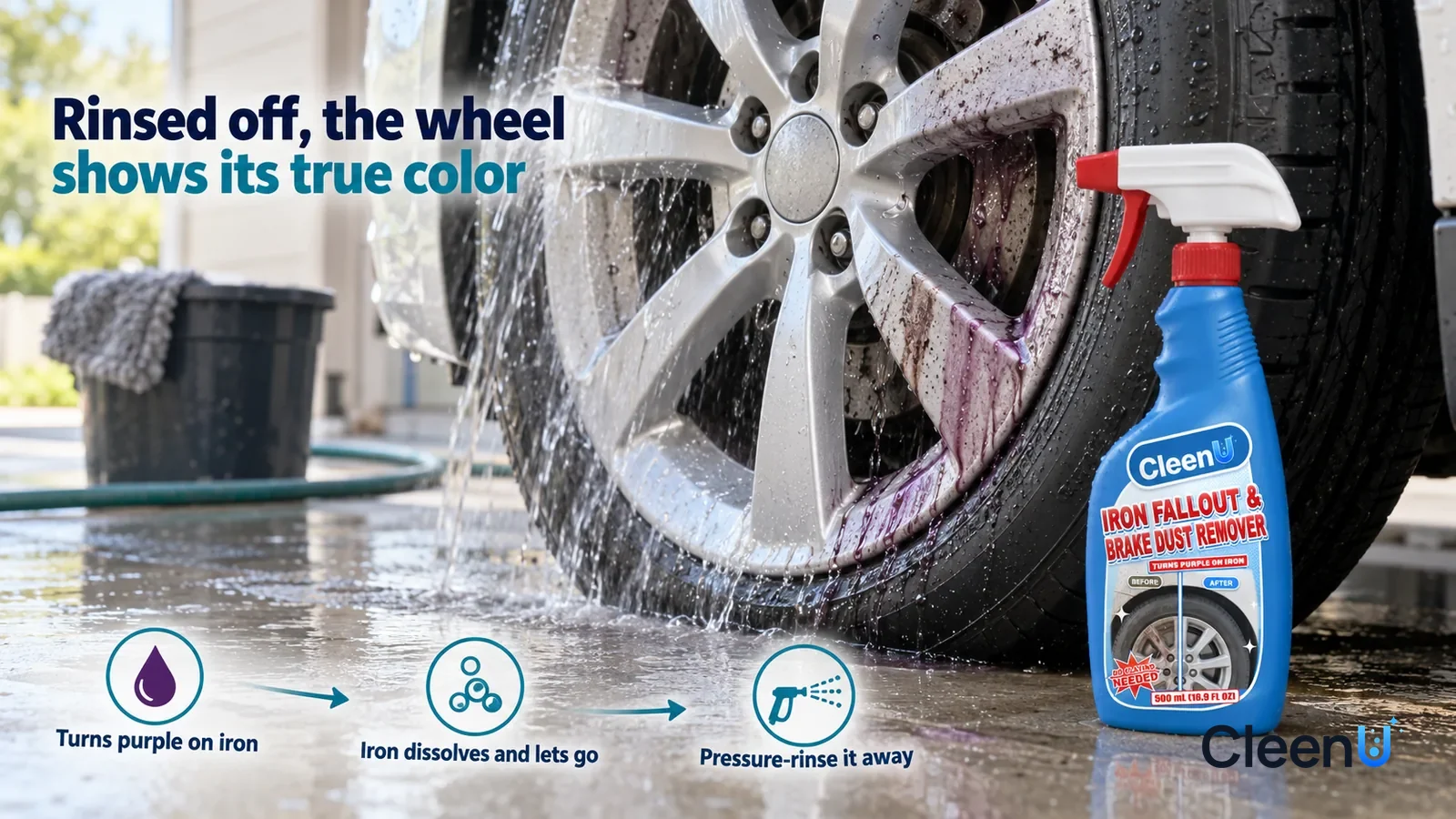 Illustration: CleenU Iron Fallout & Brake Dust Remover — a stream of clean water has just rinsed past, the rinsed metal clean and bright