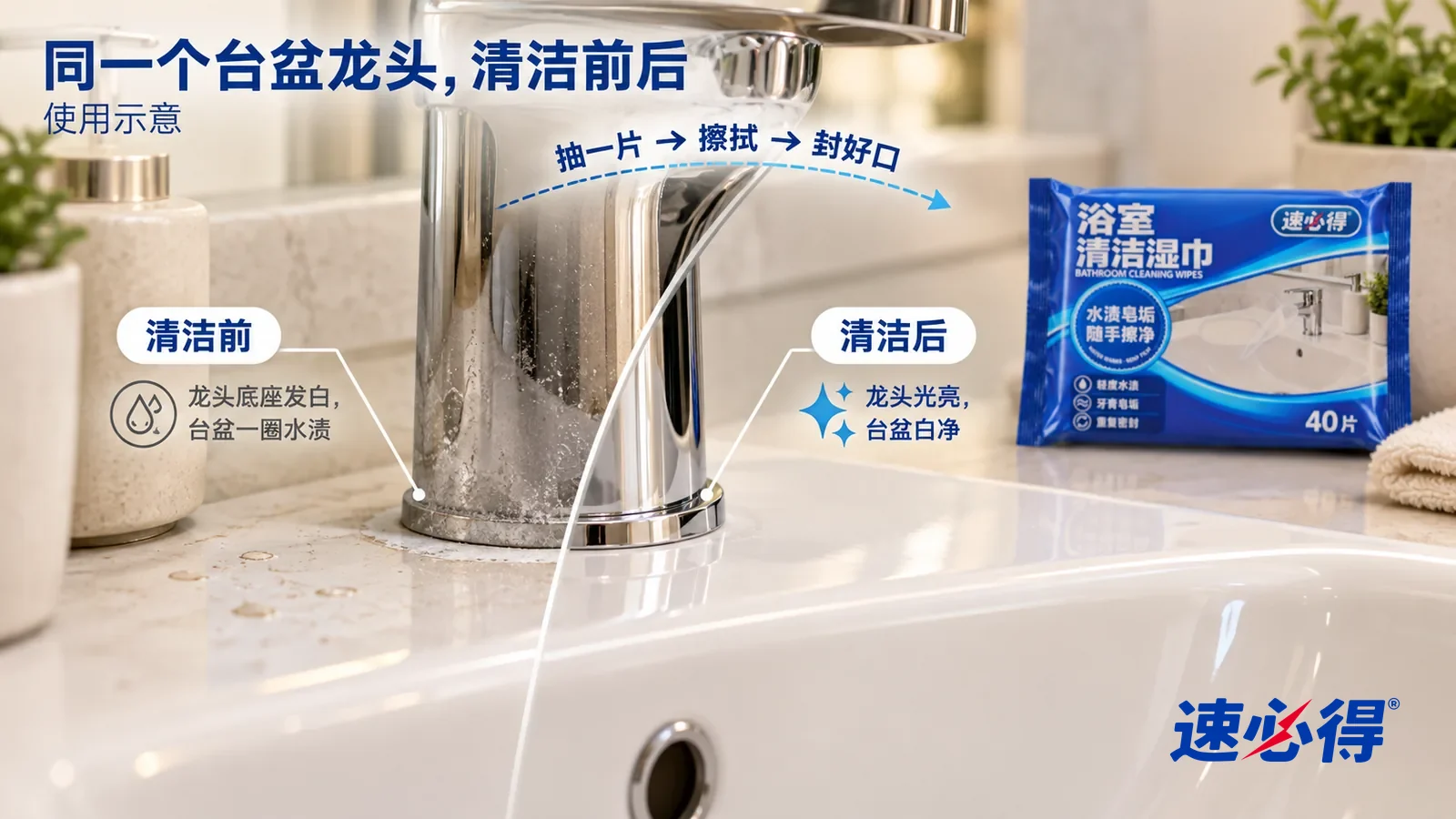 示意图:速必得浴室清洁湿巾——整屏一只镀铬水龙头底座和白色陶瓷台盆边缘的低角度大近景,同一侧光:没处理的一侧龙头底座发白