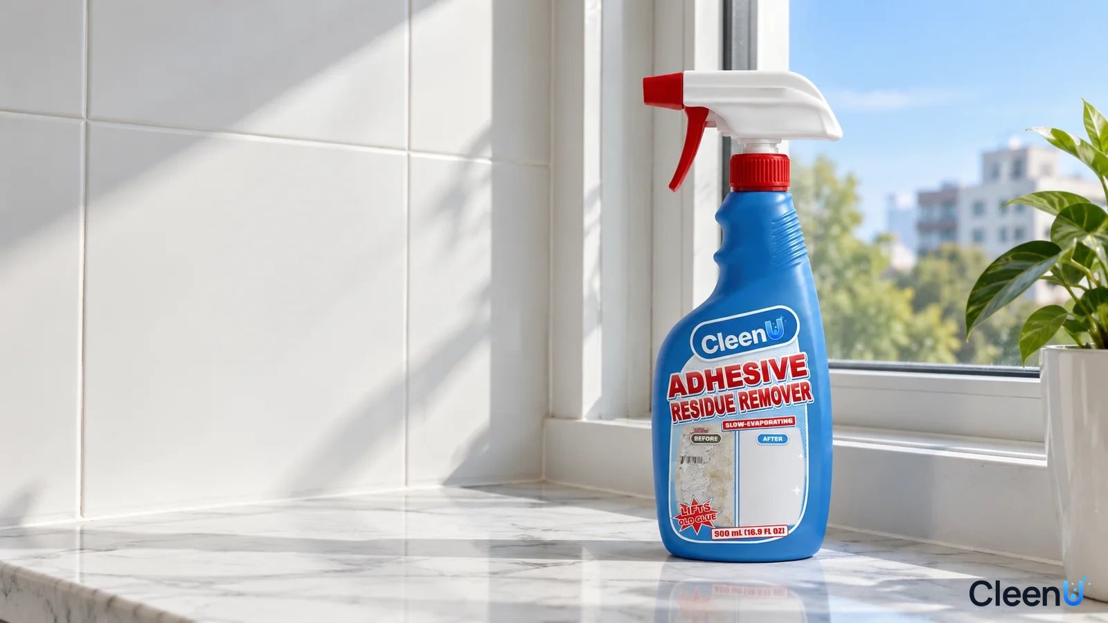 Illustrated blue adhesive residue remover bottle against white tiles in window light.