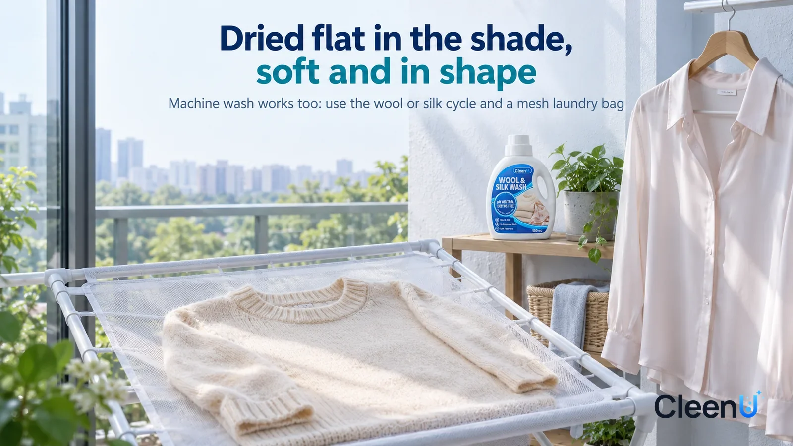 Illustration: CleenU Wool & Silk Wash — A bright morning balcony corner; in a shady, airy spot a white flat-drying mesh rack holds a cream cashmere sweater laid flat Headline: "Dried flat in the shade