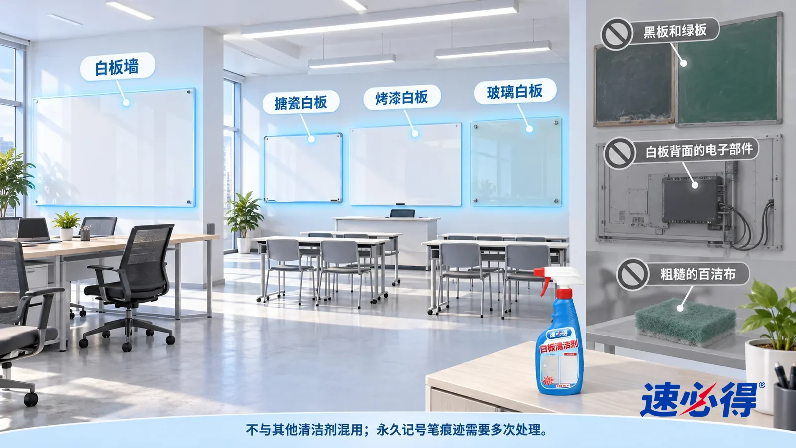 示意图：速必得白板清洁剂——一张写实 3D 剖面实景图，一间明亮的办公室和培训教室区域，连续空间、一个视角：搪瓷白板、烤漆白板、玻璃白板