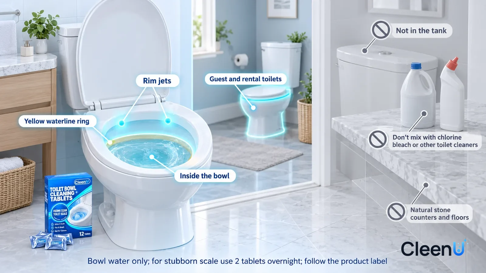 Illustration: CleenU Toilet Bowl Cleaning Tablets — A realistic 3D cutaway of a bright home's main and guest bathrooms, one continuous space from one viewpoint, clean and tidy throughout