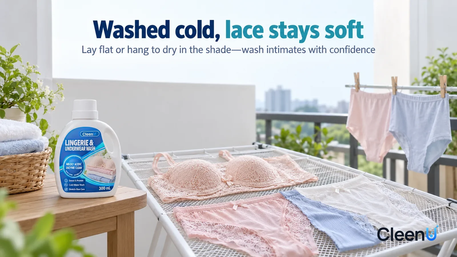 Illustration: CleenU Lingerie & Underwear Wash — A bright, airy corner of a balcony, a few washed pale pink, white, and pale blue underwear pieces and a lace bra laid flat on a white mesh d Headline: