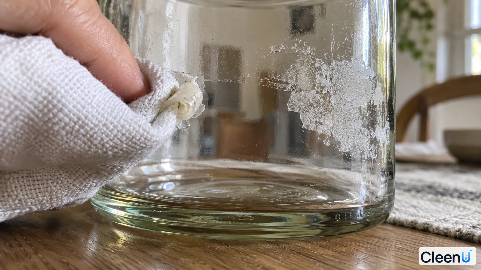 Illustration: A hand wiping white label residue from a glass jar with a gray cloth.