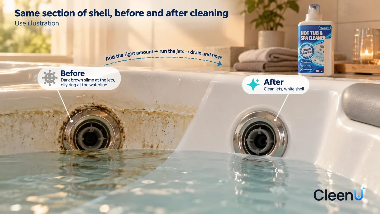 Illustration: CleenU Hot Tub & Spa Cleaner — A full-screen low-angle close-up of a section of white hot tub shell with two stainless-steel jets, in the same side light