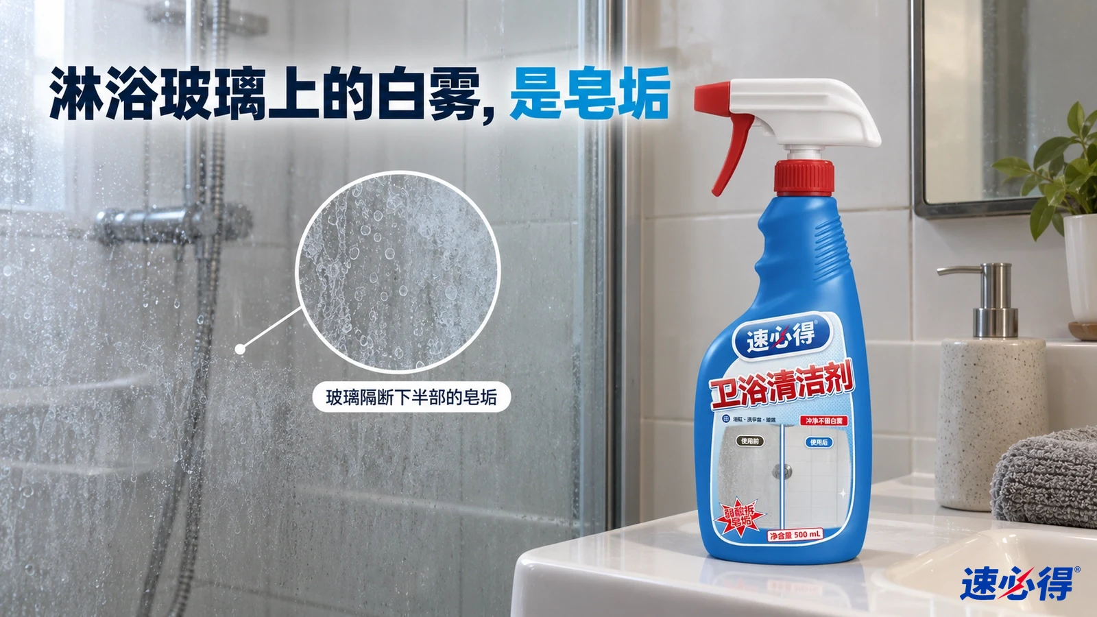 示意图：淋浴玻璃上有白色皂垢水痕，蓝色卫浴清洁剂喷瓶放在洗手台边。