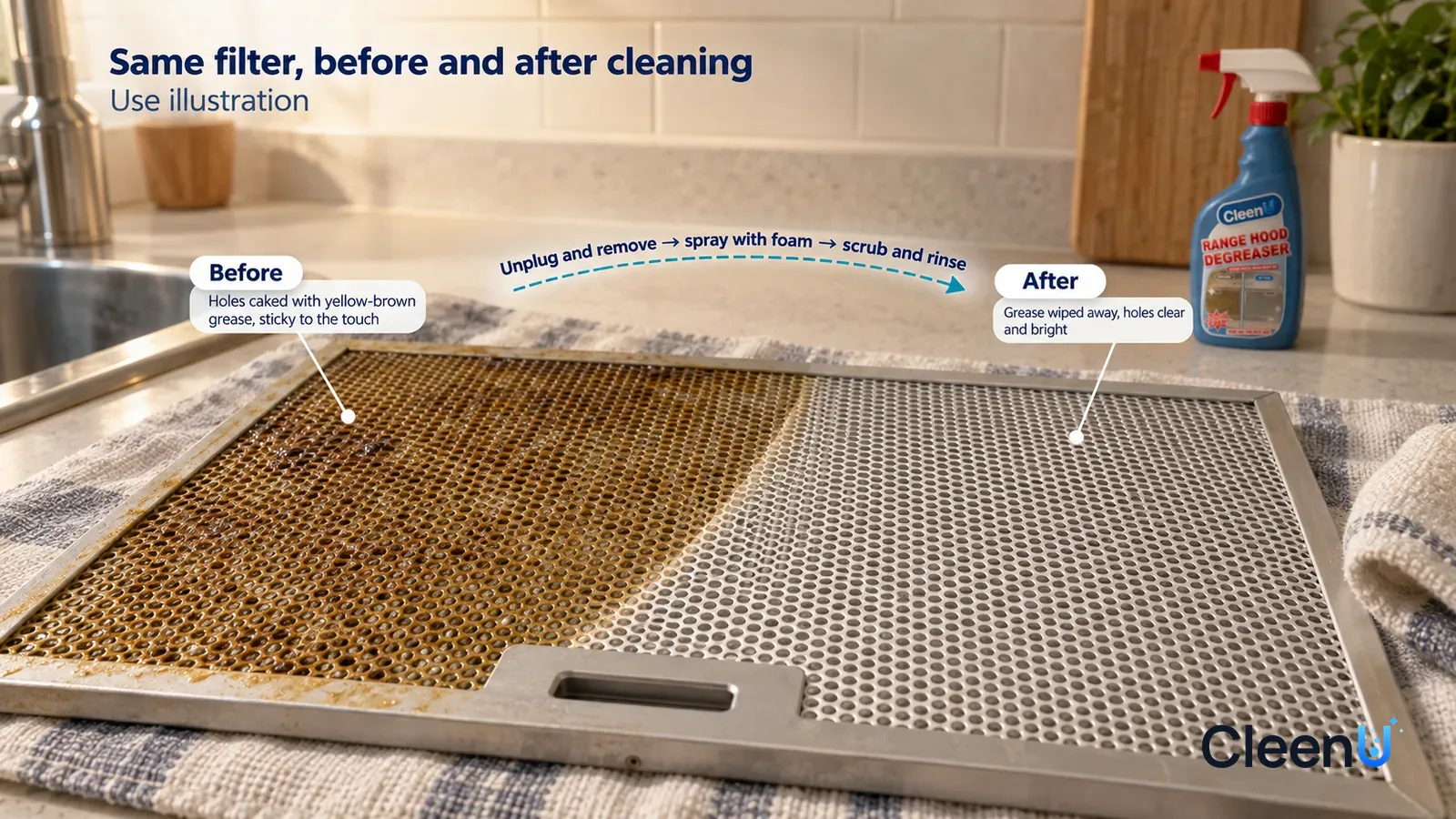 Illustration: CleenU Range Hood Degreaser — A full-screen low-angle close-up of a metal grease filter removed and laid flat by the sink, in the same side light