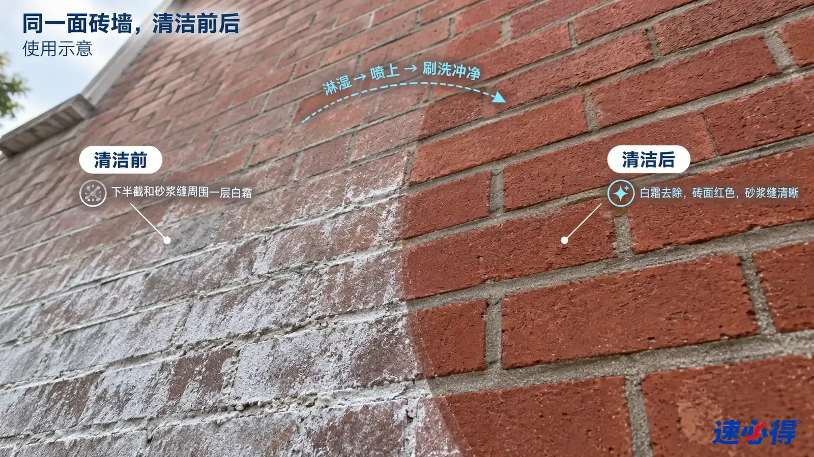 示意图：红砖墙的白色返碱区域与较洁净区域对照，非实测照片。
